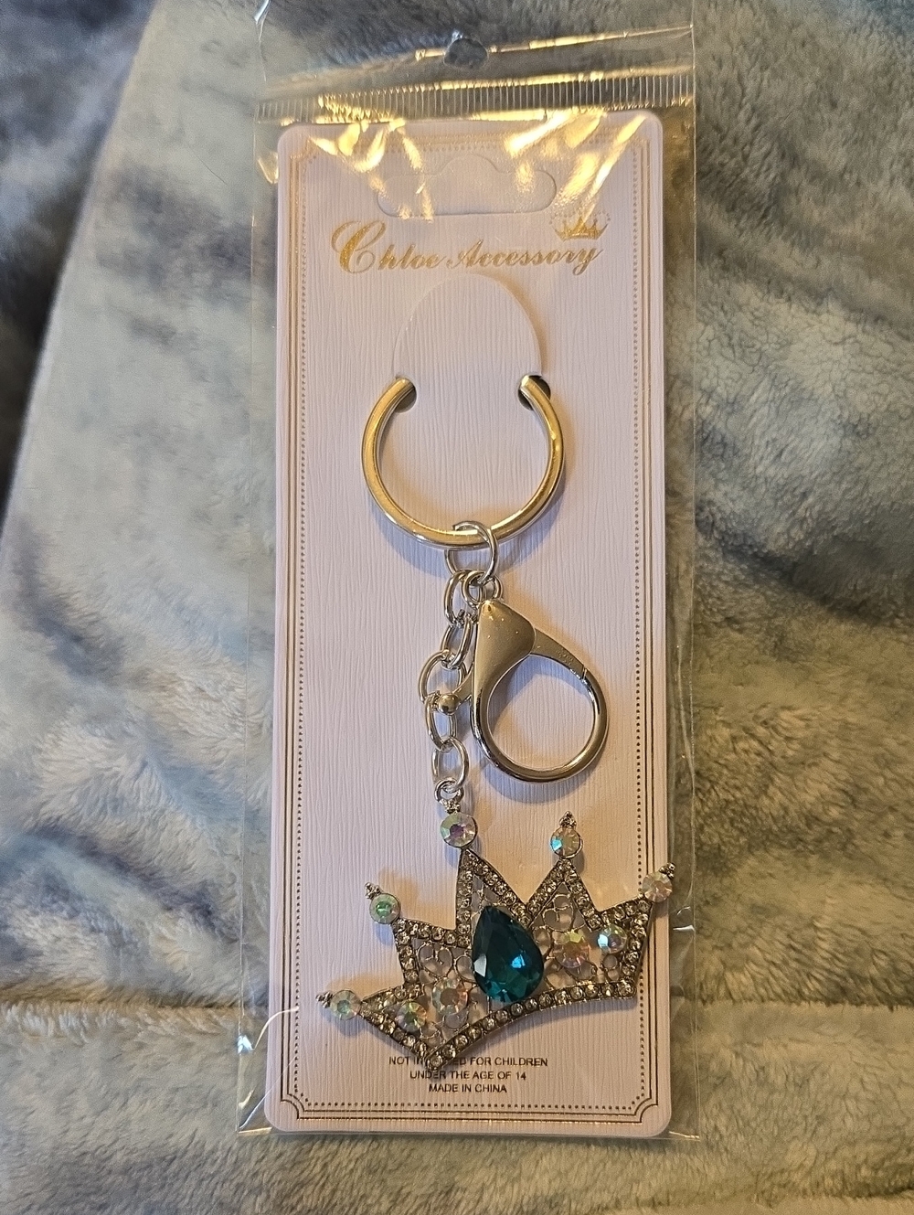 3/$10 Bundle Deals Silver Crown Keychain with Blue/Teal Gem